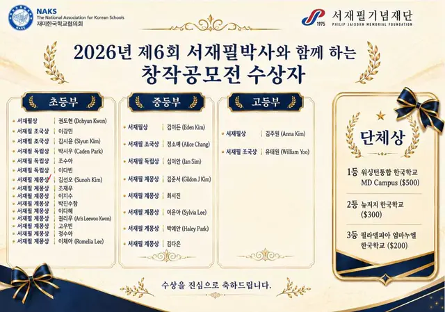 🏆 Congratulations to Our Contest Winners! 🎉 서재필기념재단에서 주최한 서재필 박사와 함께하는 창작공모전'에서 우리한국학교의 조수아, 조재우 학생이 당당히 수상했습니다! 👏✨
멋진 창의력으로 학교를 빛낸 두 학생에게 큰 박수를 보냅니다. 진심으로 축하합니다! 🥳 In the "Creative Contest with Dr. Philip Jaisohn," hosted by the Philip Jaisohn Memorial Foundation, our very own students, Adaleen and Tayden, have won awards! 👏✨ #KLCCSac #우리한국학교 #서재필박사 #수상축하 #자랑스러운학생들 #축하합니다 #새크라멘토 #Sacramento #KoreanSchool #Congratulations
