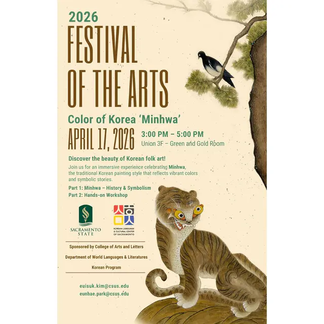 KLCCSac x Sac State: 2026 Festival of the Arts! 🇰🇷  KLCCSac 민화팀이 새크라멘토 주립대학교의 'Festival of the Arts' 행사에 참여합니다! 🎉  이번 축제는 'Color of Korea - Minhwa'라는 타이틀로 정선영 선생님의 깊이 있는 민화 강연과 학생들이 직접 한국의 아름다움을 그려보는 특별한 워크숍이 열립니다. 현지 대학생들과 지역 주민들에게 우리 전통 민화의 매력을 널리 알리는 뜻깊은 시간이 될 예정이에요. 🖌️✨  함께 도와주시는 민화팀 여러분, 진심으로 감사드립니다! 🙏💛  📍 일시: 2026년 4월 17일 금요일 오후 3시 - 5시
📍 장소: Sac State Union 3층  KLCCSac x Sac State: 2026 Festival of the Arts! 🇰🇷  The KLCCSac Minhwa Team is proud to participate in Sacramento State University's 'Festival of the Arts'! 🎉  We are presenting a special program titled "Color of Korea - Minhwa." ✨ It features an insightful lecture by Teacher Seonyoung Jeong on the depth of Korean folk art, followed by a hands-on workshop where students can paint and experience the beauty of Korea firsthand.  It will be a meaningful time to share the charm of our traditional Minhwa with local university students and the community!  A heartfelt thank you to our Minhwa Team for all your hard work and dedication in preparing for this event! 🙏💛  📍 When: Friday, April 17, 2026 | 3:00 PM - 5:00 PM
📍 Where: Sac State Union, 3rd Floor